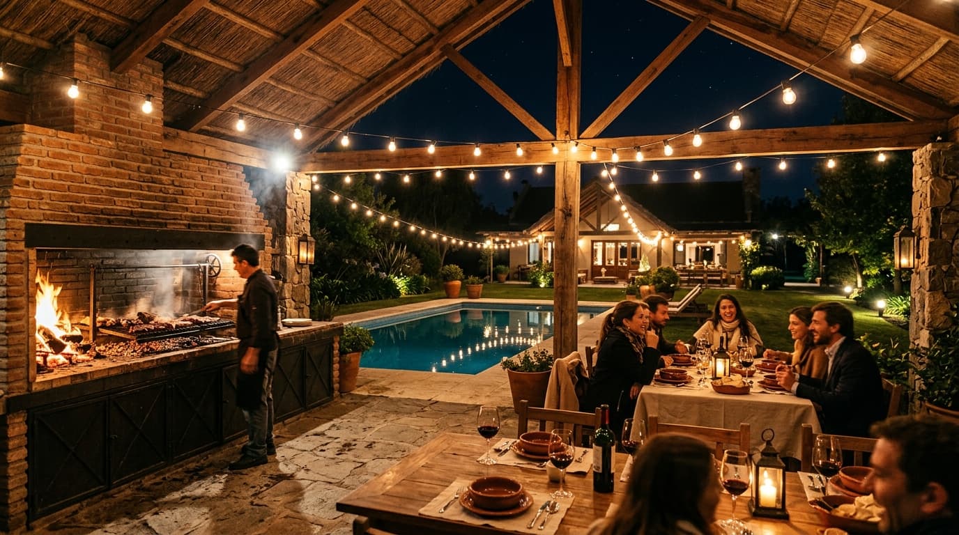 Quincho y espacio de eventos iluminado con parrilla y piscina